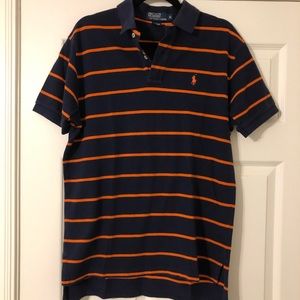 MEN’S ORANGE & NAVY STRIPED SHORT SLEEVE POLO - M